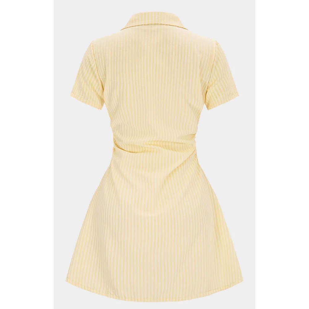 Micas Yellow Striped V-Neck Short Sleeve Mini Dress Size S Button Front Ruched